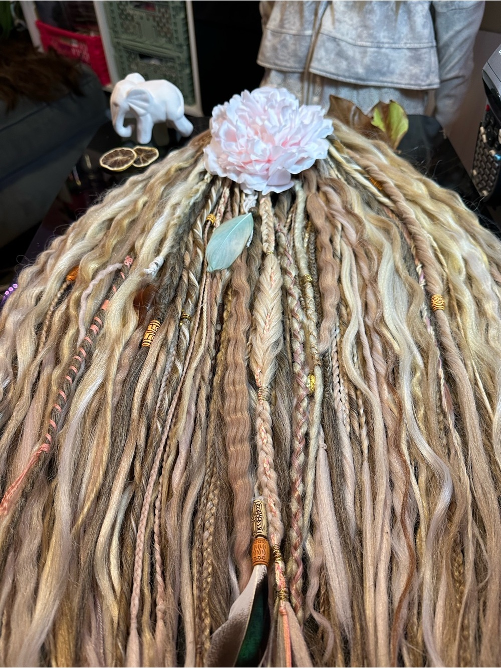 Boho Blonde Synthetic Dreadlock Hairpiece with Beads & Feathers - Picture 11 of 17